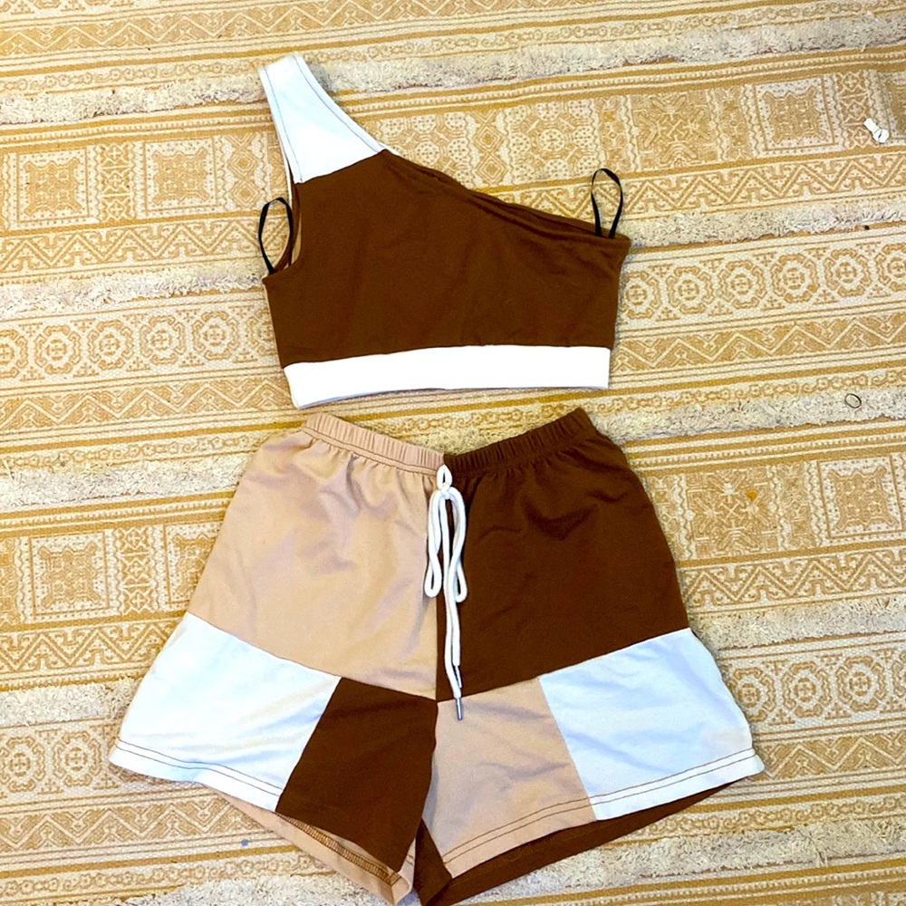Two piece short and one shoulder crop top set